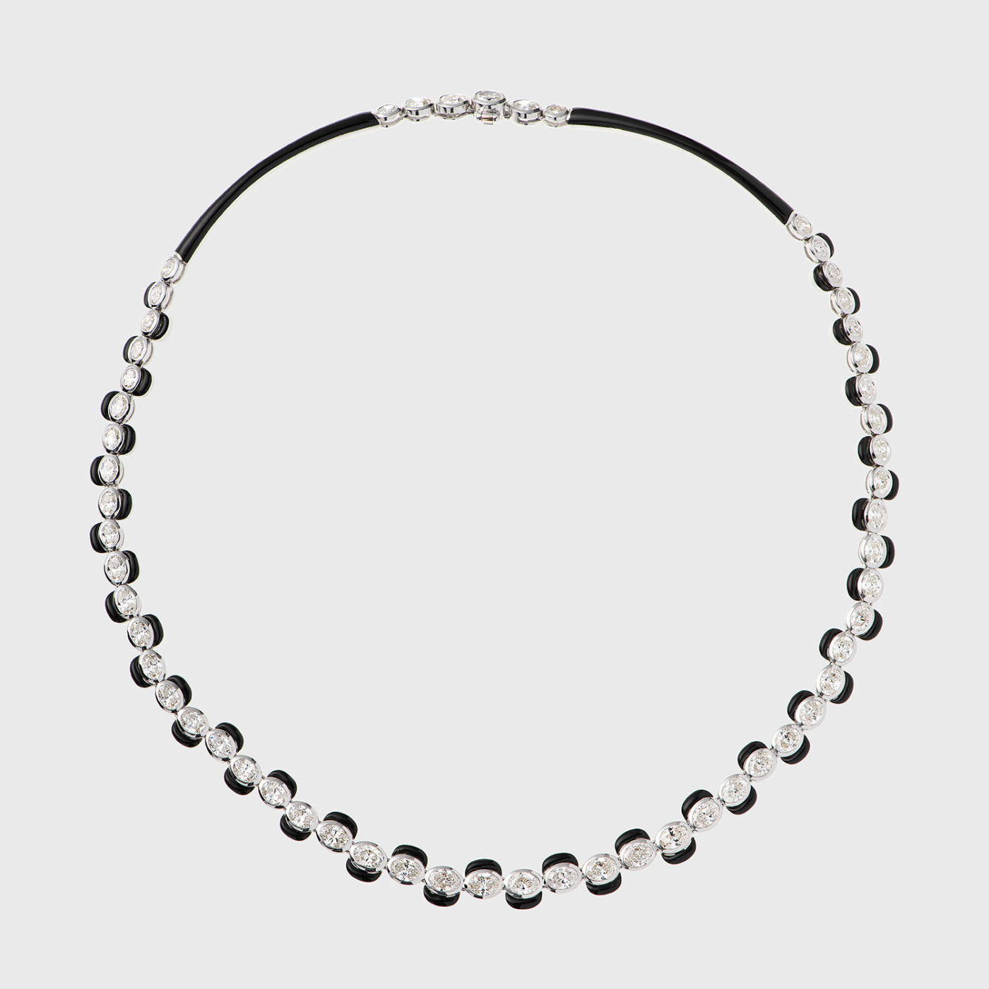 White gold riviere necklace with oval white diamonds and black enamel