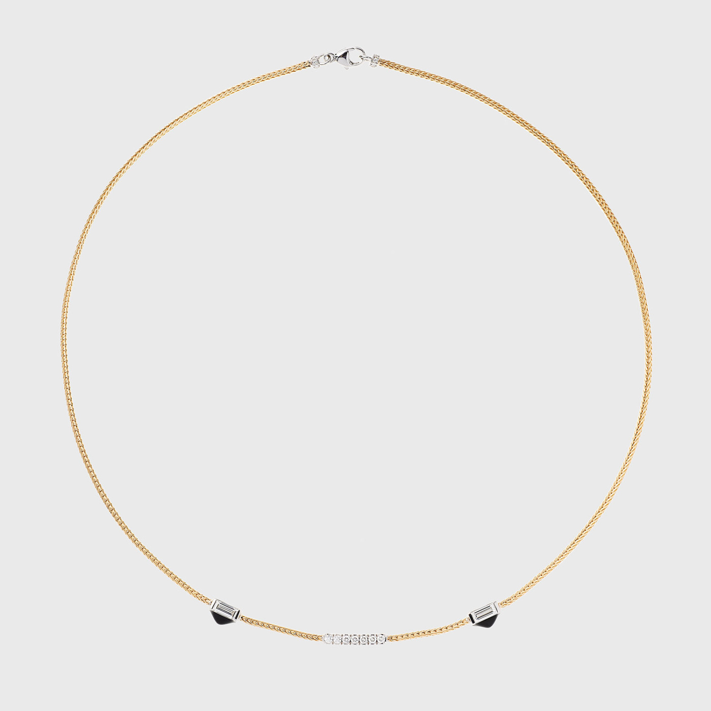 Yellow gold necklace with white diamonds and black enamel