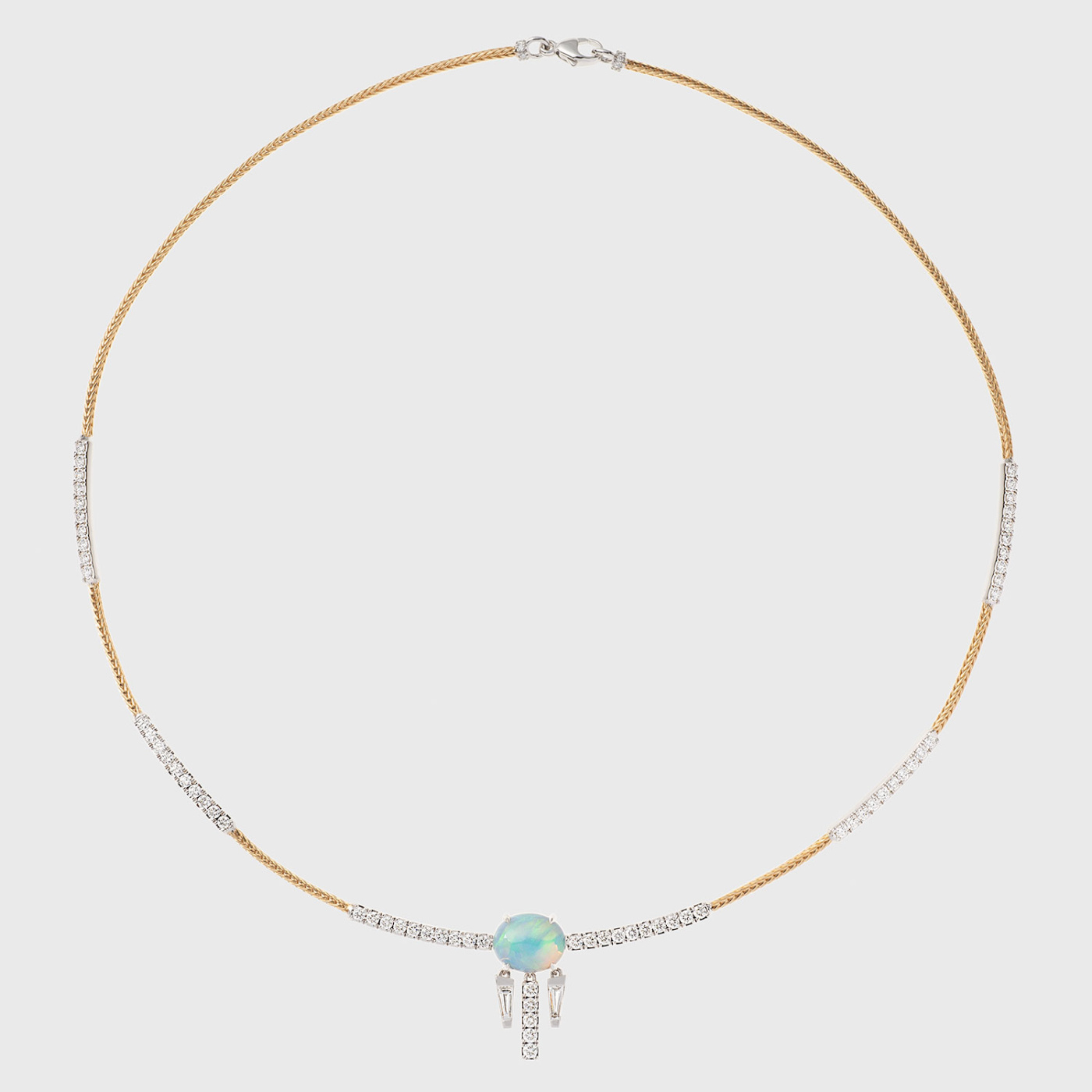 Yellow gold necklace with opal and white diamonds