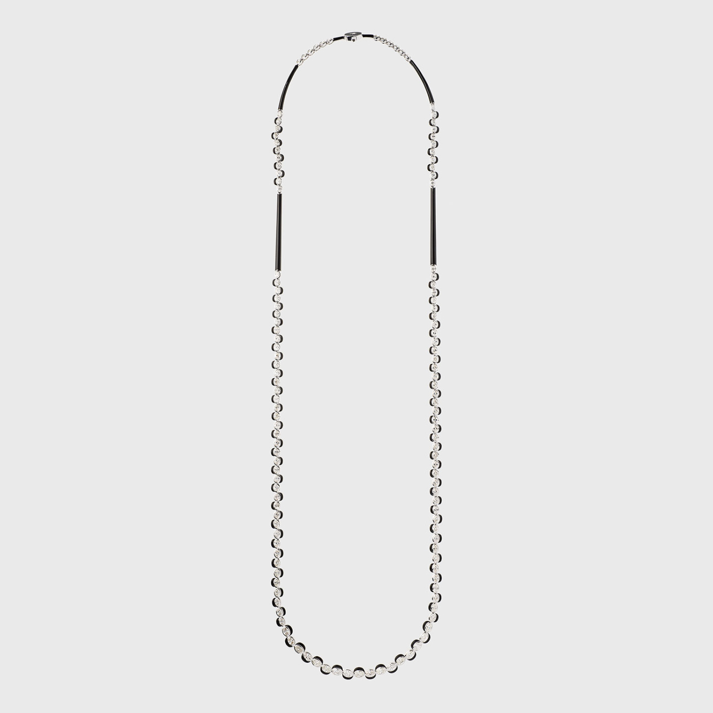 White gold long necklace with oval white diamonds and black enamel
