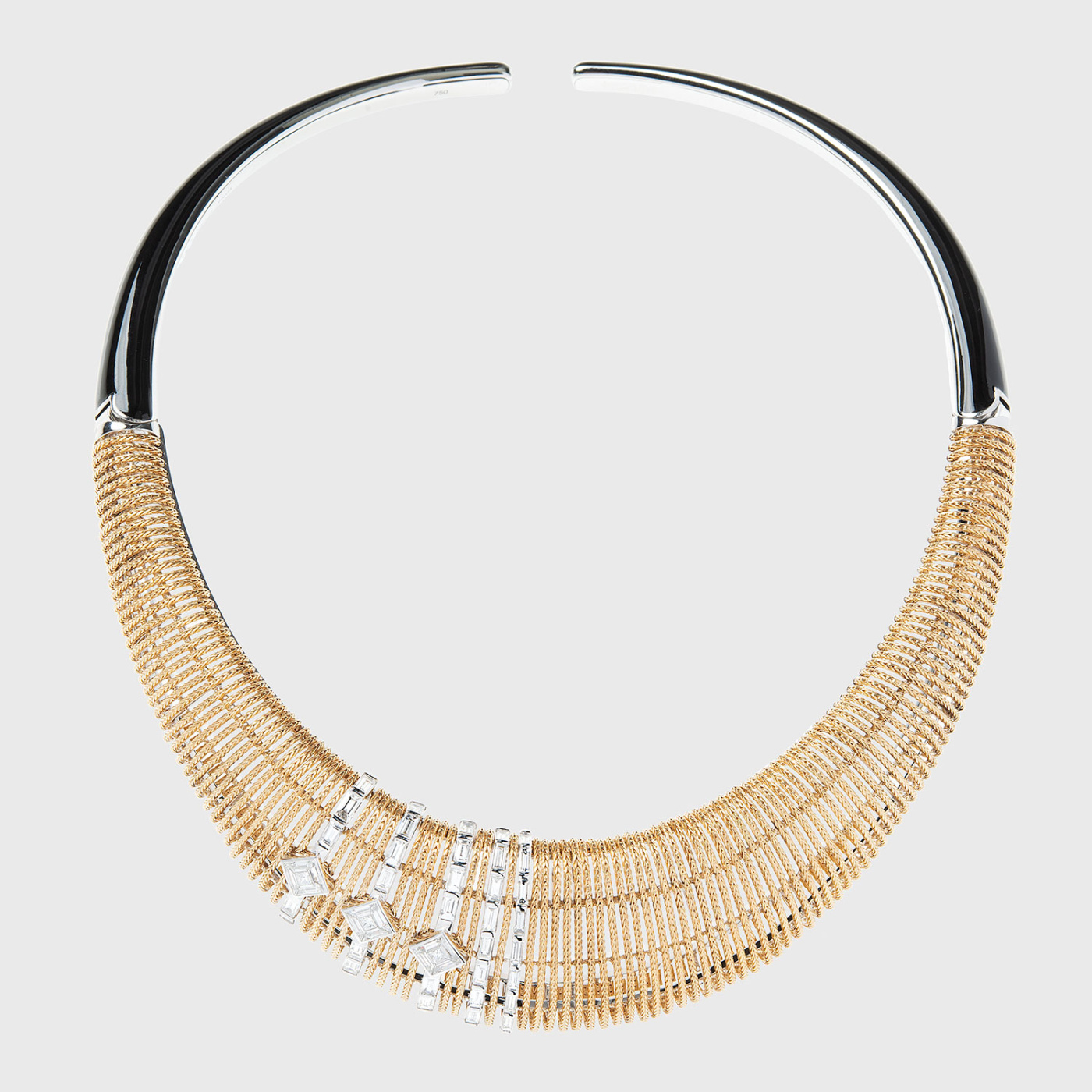 Yellow gold collar necklace with white diamond baguettes and black enamel