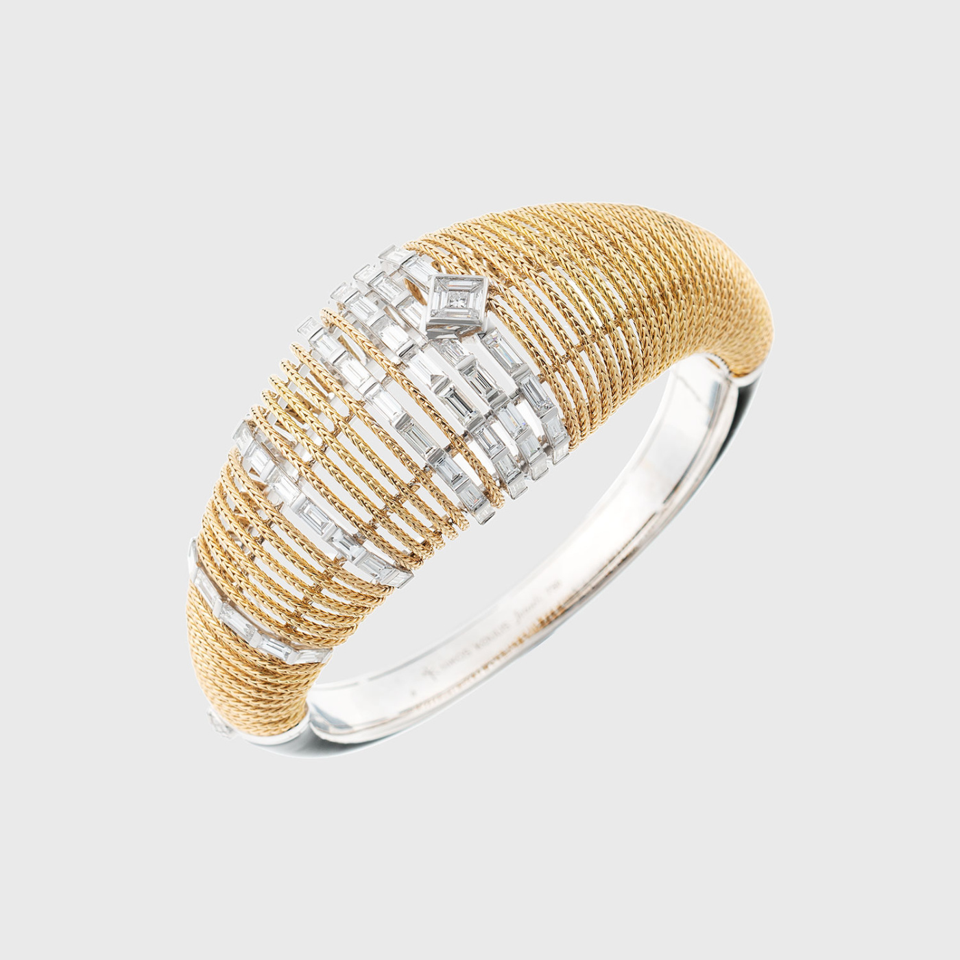 Yellow gold cuff bracelet with white diamond baguettes and black enamel
