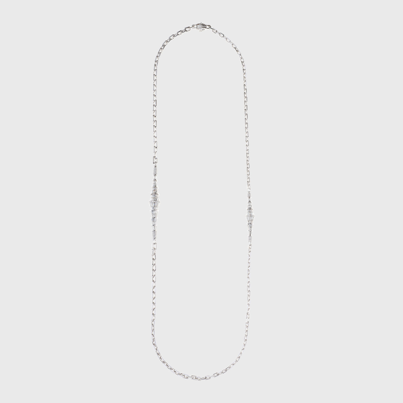 White gold long chain necklace with white diamond baguettes