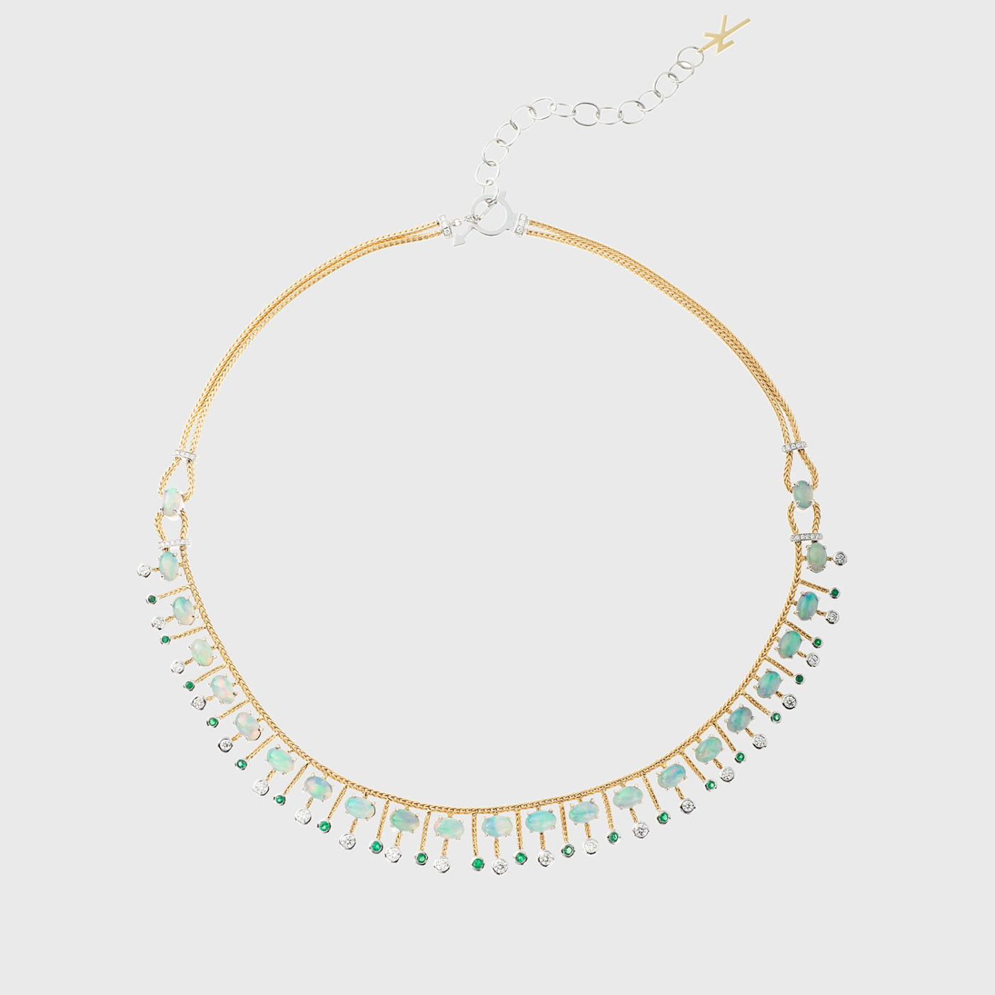 Yellow gold necklace with white diamonds, opals and emeralds