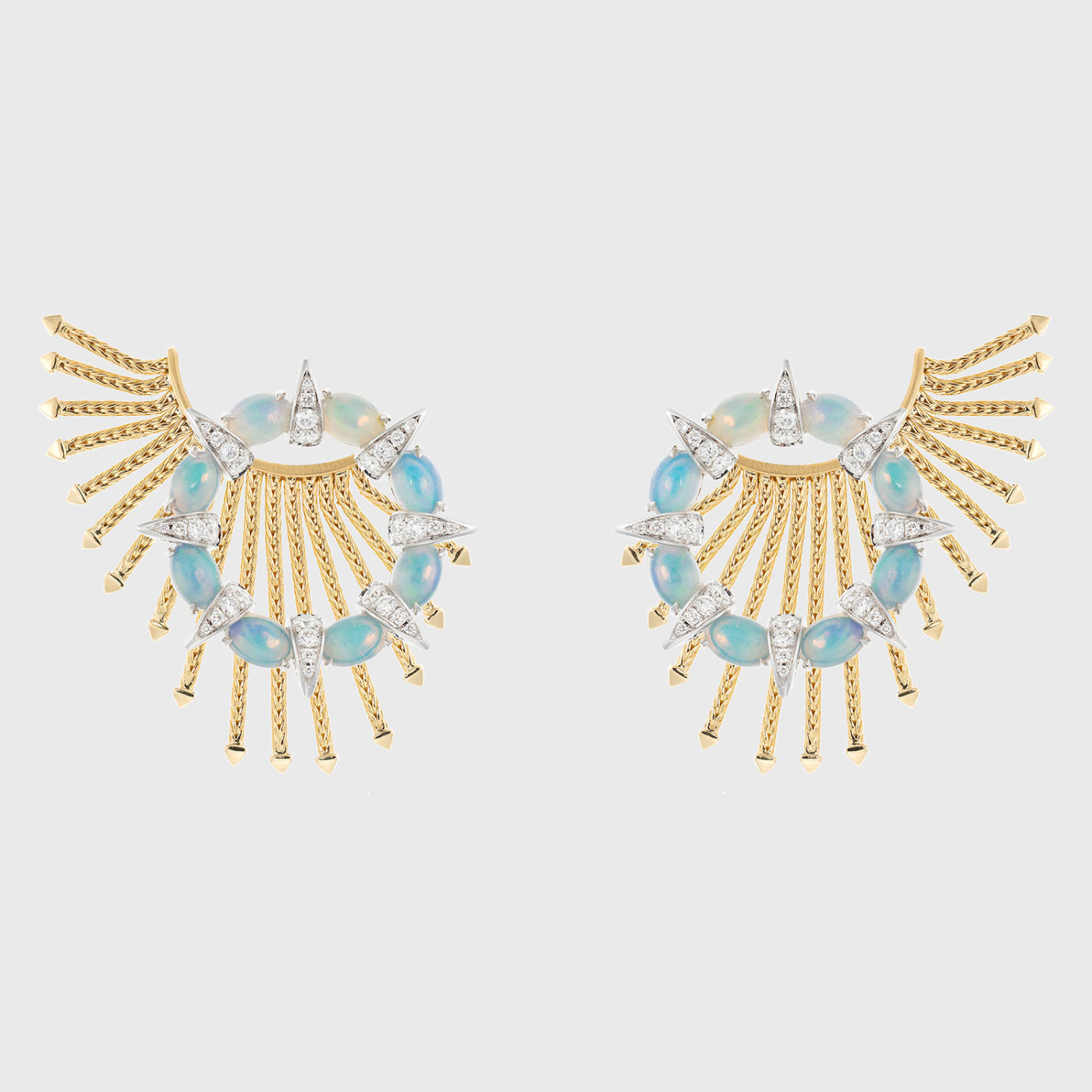 Yellow gold jacket earrings with opals and white diamonds
