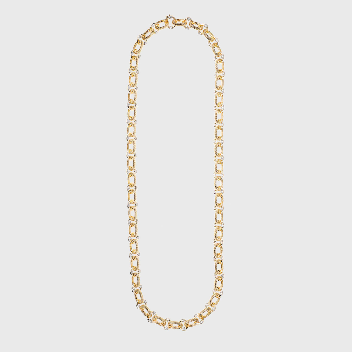 Yellow gold chain long necklace with round white diamonds