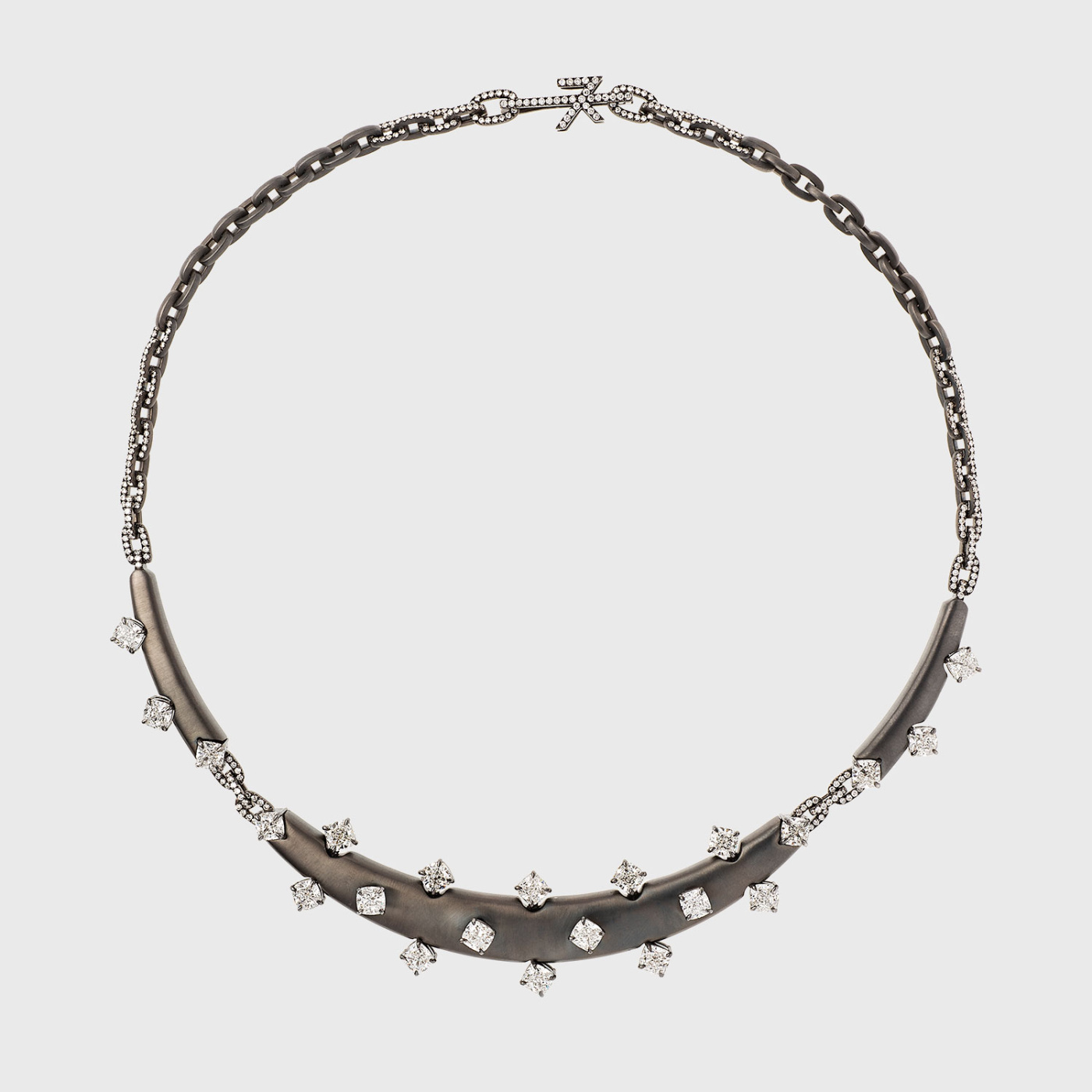 Blackened white gold necklace with cushion and paved white diamonds