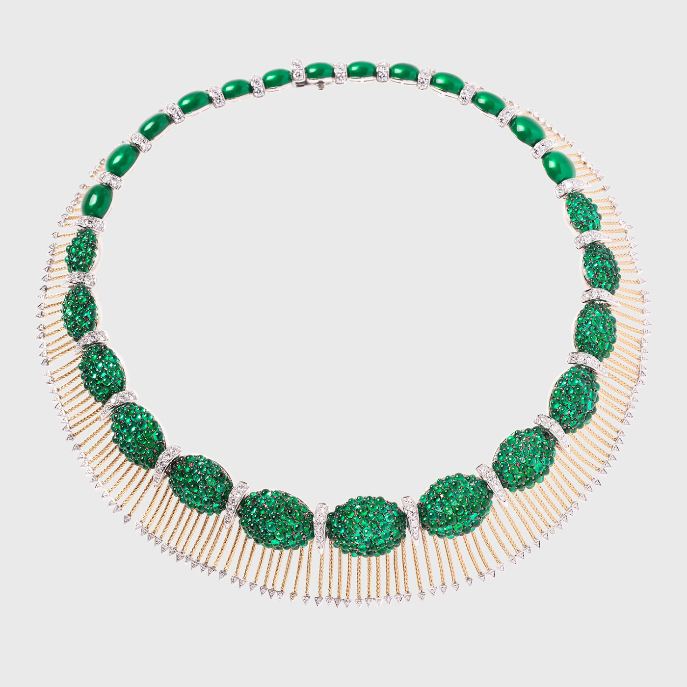 Yellow gold fringe necklace with emeralds, white diamonds and green enamel