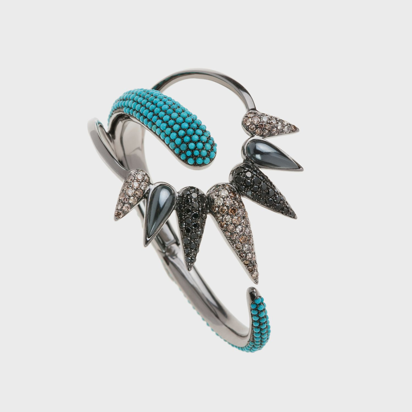Black gold cuff bracelet with brown diamonds, black diamonds and turquoise