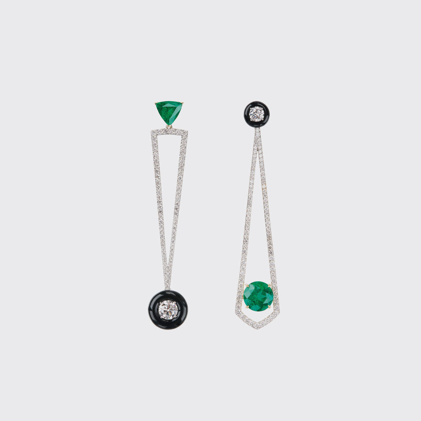 White gold mismatched long earrings with emeralds, white diamonds and black enamel
