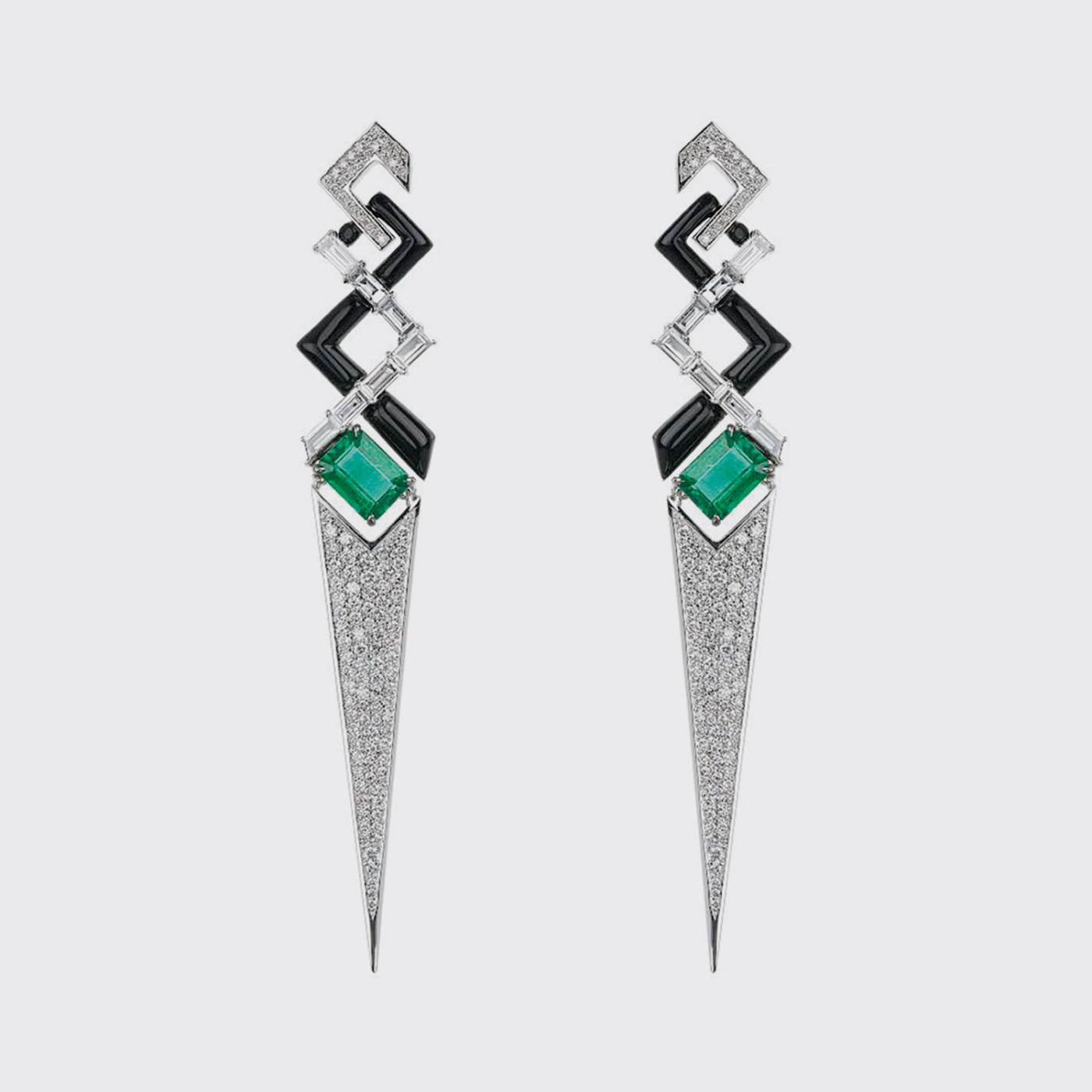 White gold long earrings with white diamonds, emeralds and black enamel