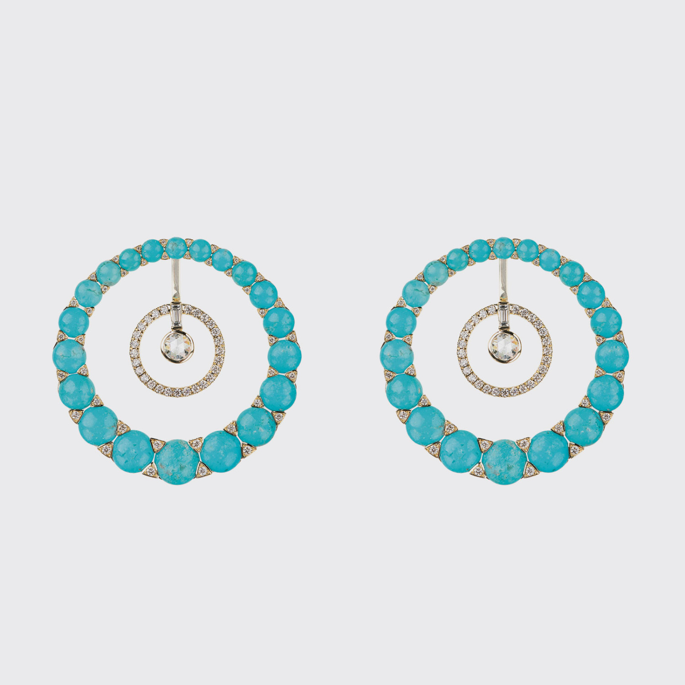 Yellow gold hoop earrings with white diamonds and turquoises