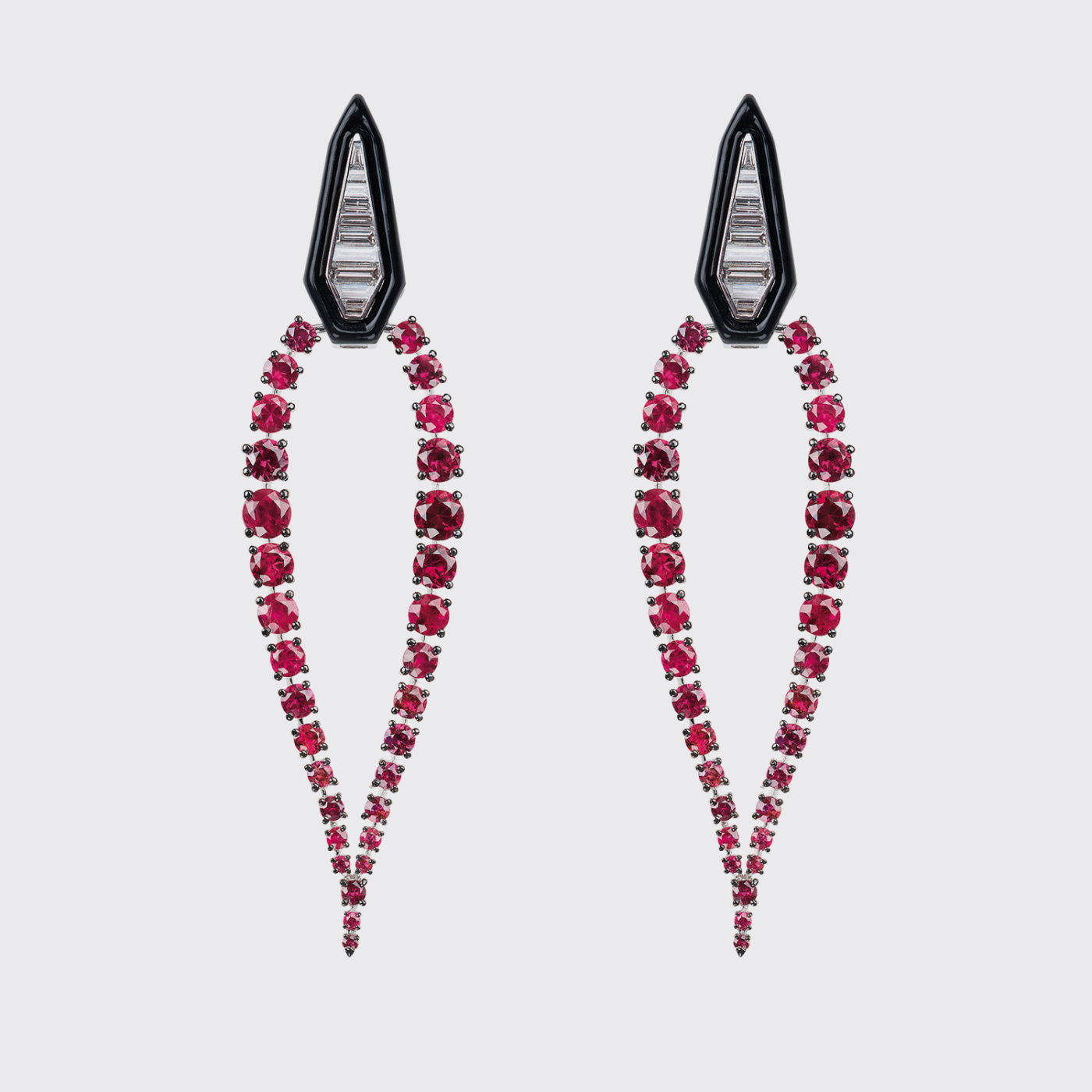 White gold long earrings with rubies, white diamonds and black enamel