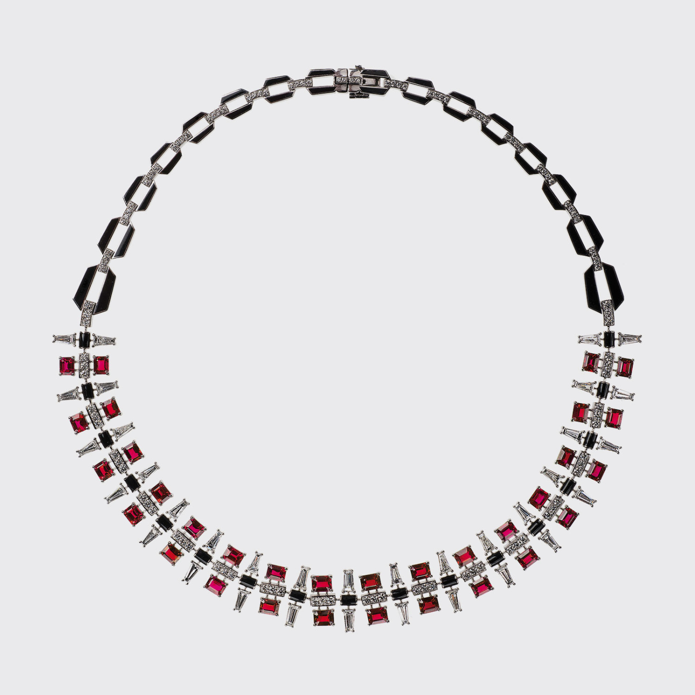 White gold necklace with rubies, white diamonds and black enamel