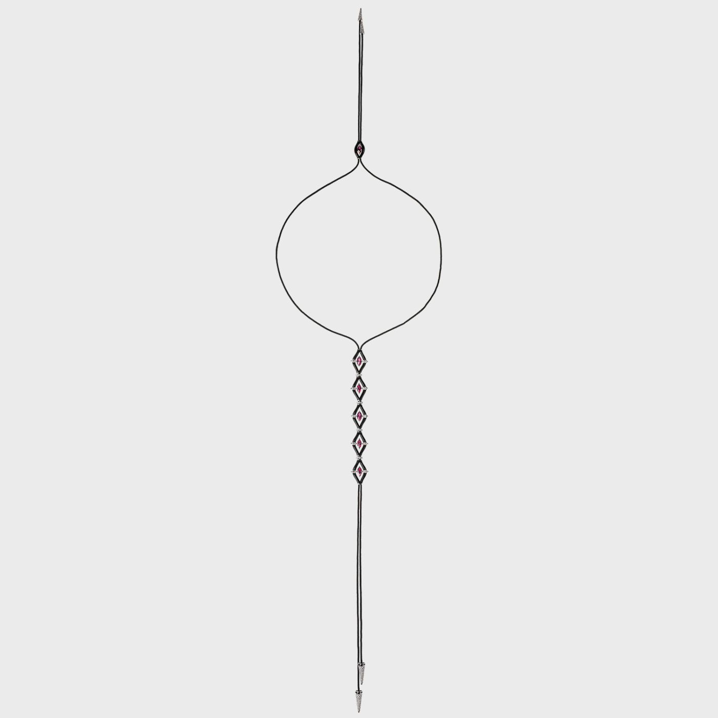 White gold long lariat necklace with rubies, white diamonds and black enamel