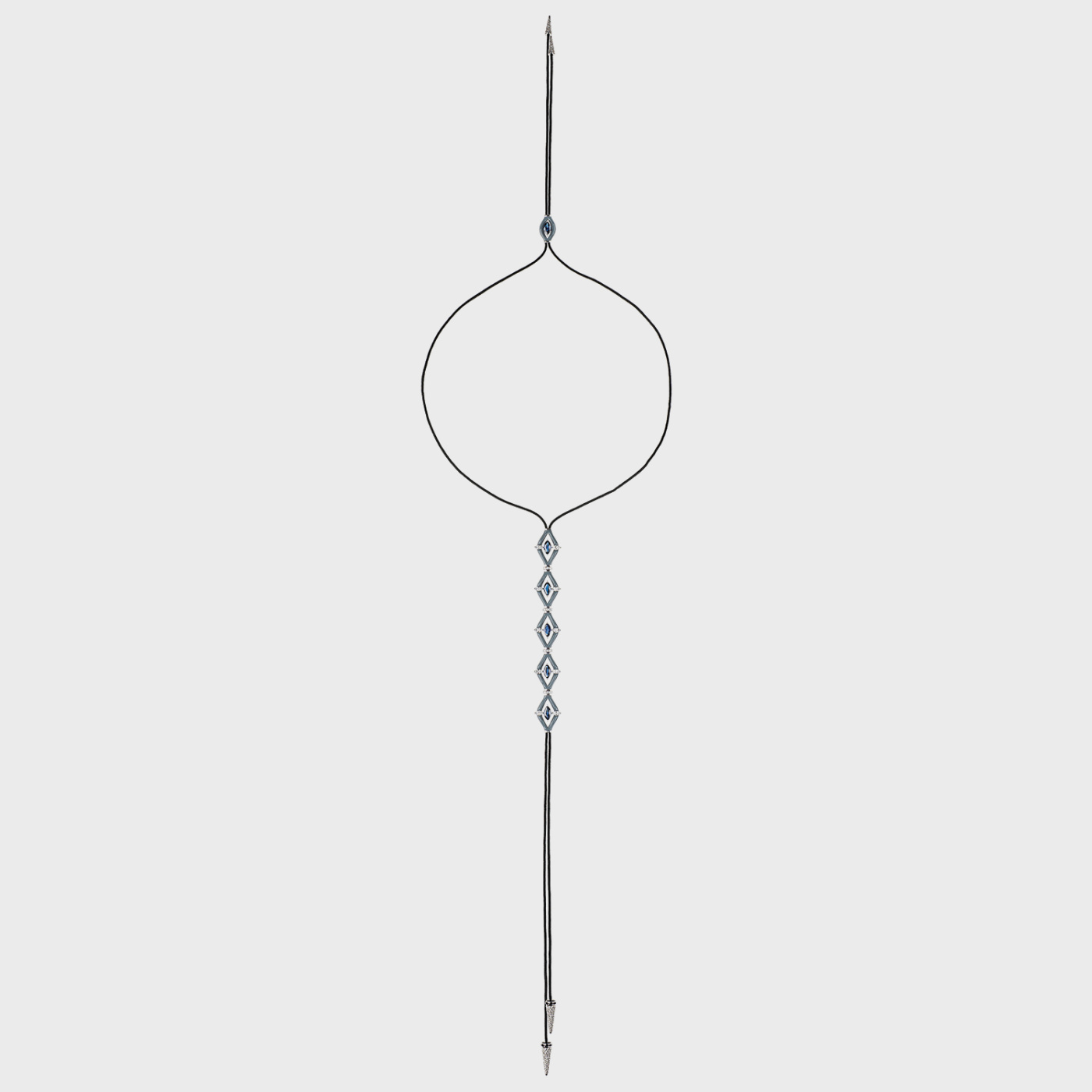 White gold long lariat necklace with blue sapphires, white diamonds and grey enamel