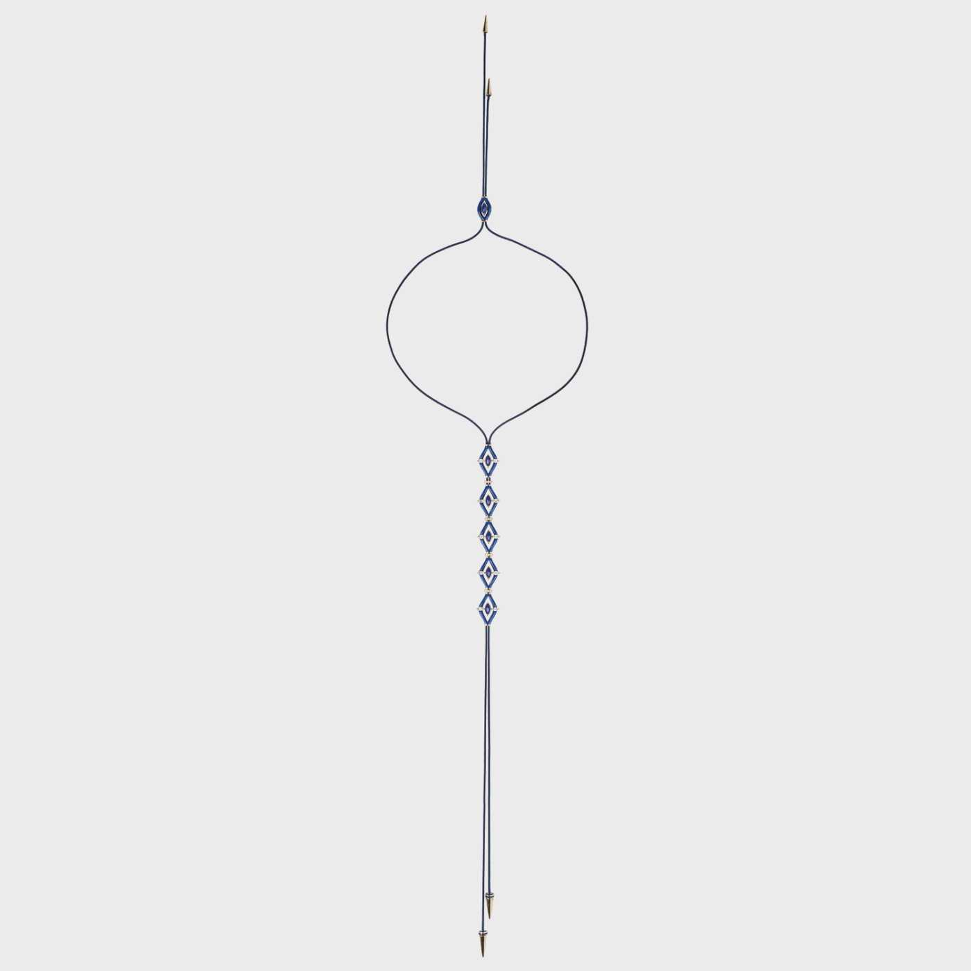 Yellow gold long lariat necklace with lapis, white diamonds and blue enamel