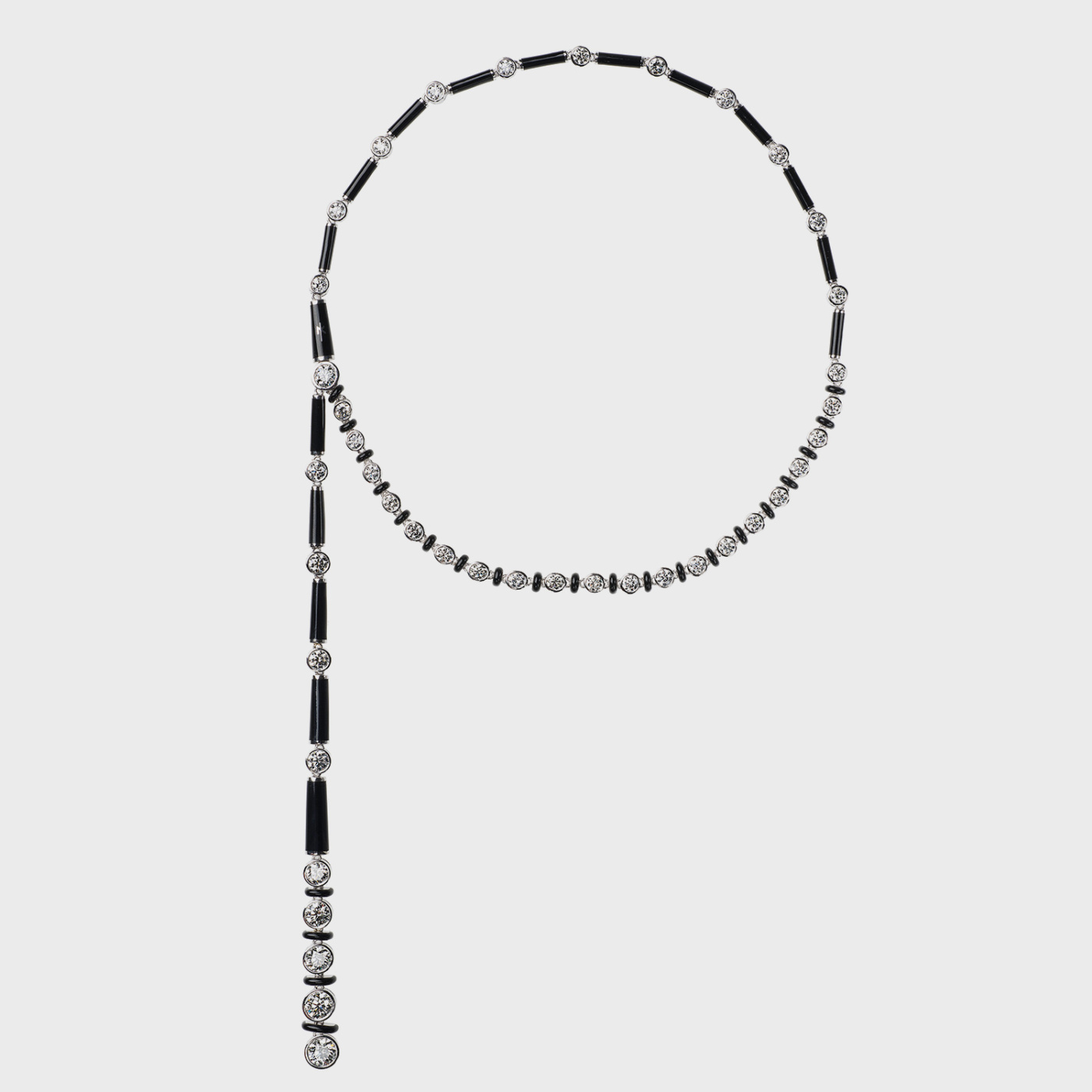 White gold tassel long necklace with white diamonds and black enamel