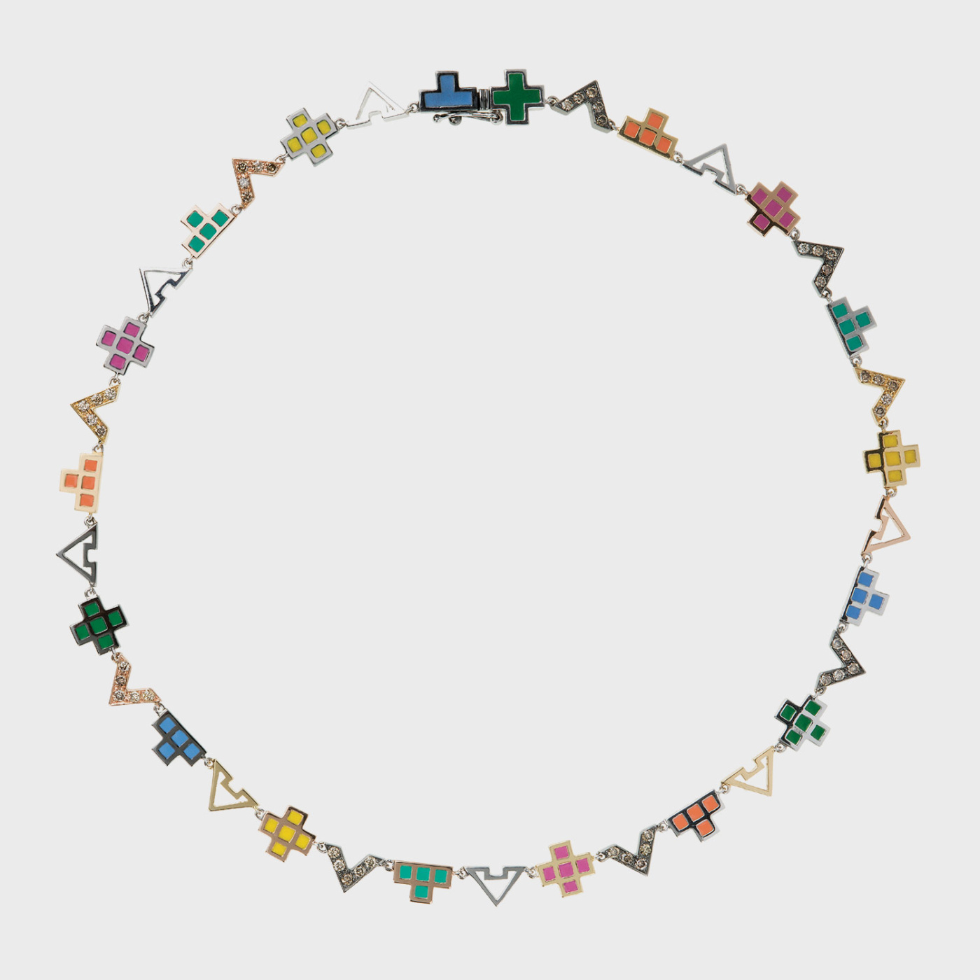 White gold necklace with brown diamonds and multicolored enamel