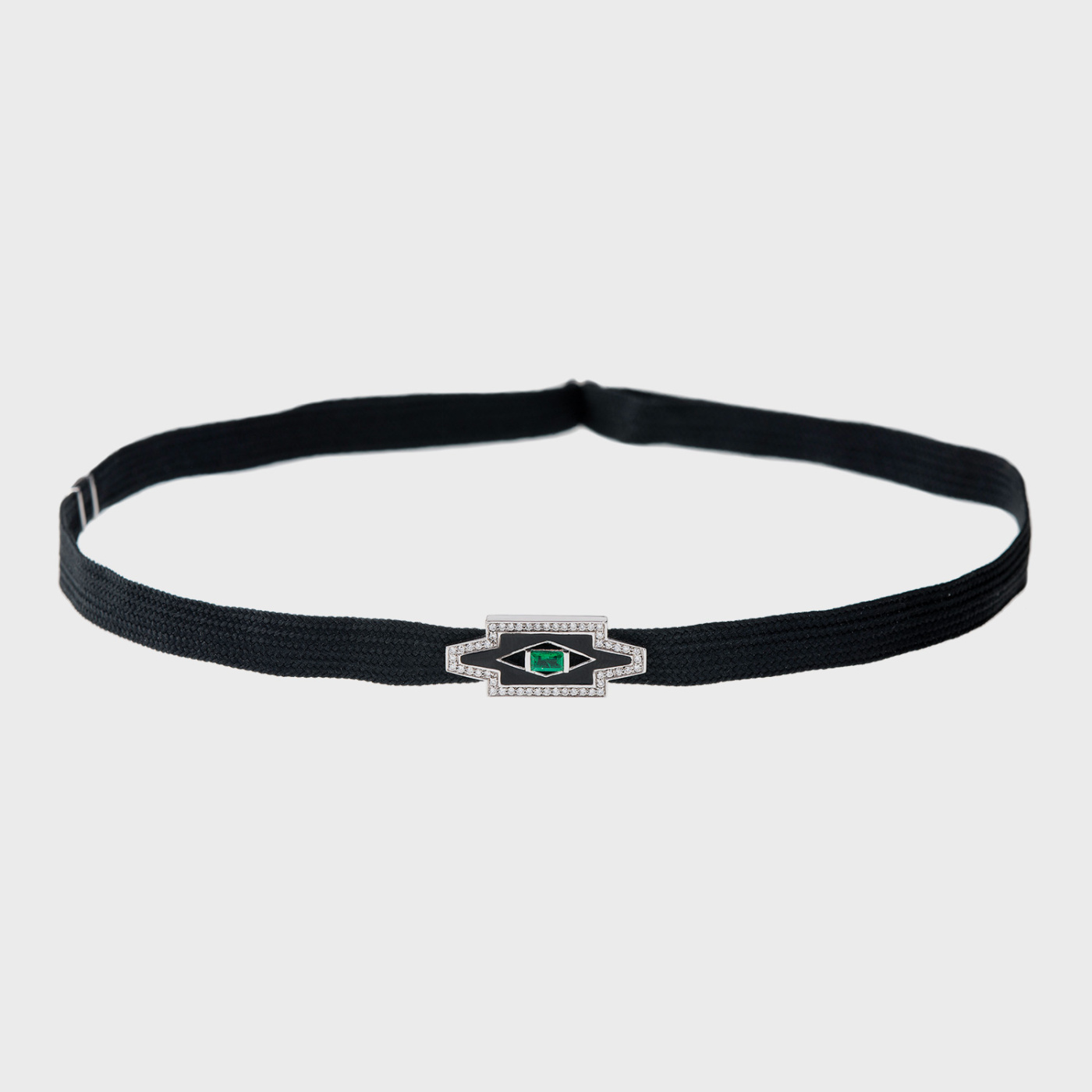 White gold choker necklace with white diamonds, emerald and black enamel