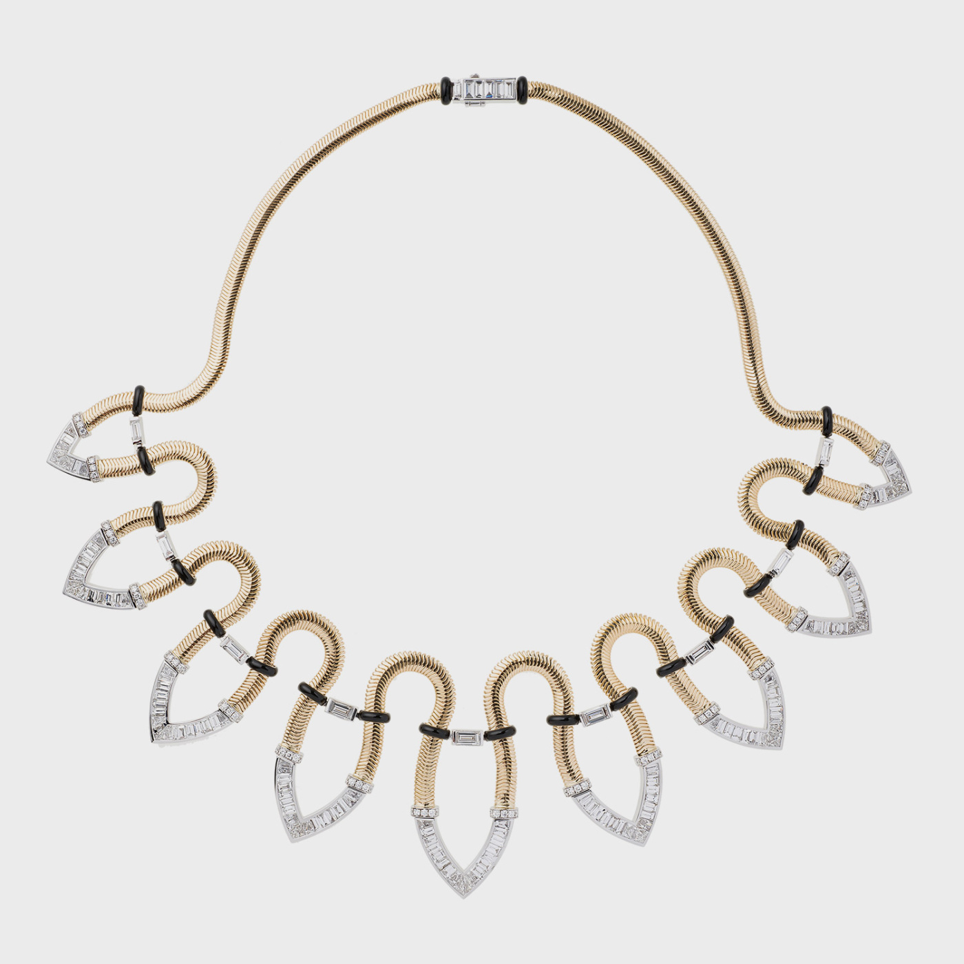 Yellow gold chain bib necklace with white diamonds and black enamel