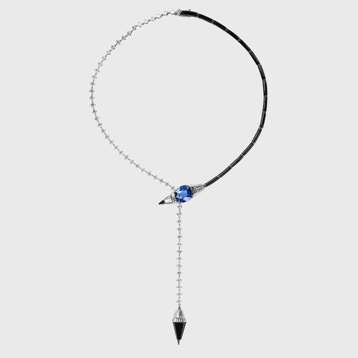 White gold long necklace with cushion blue sapphire, white diamonds and black enamel