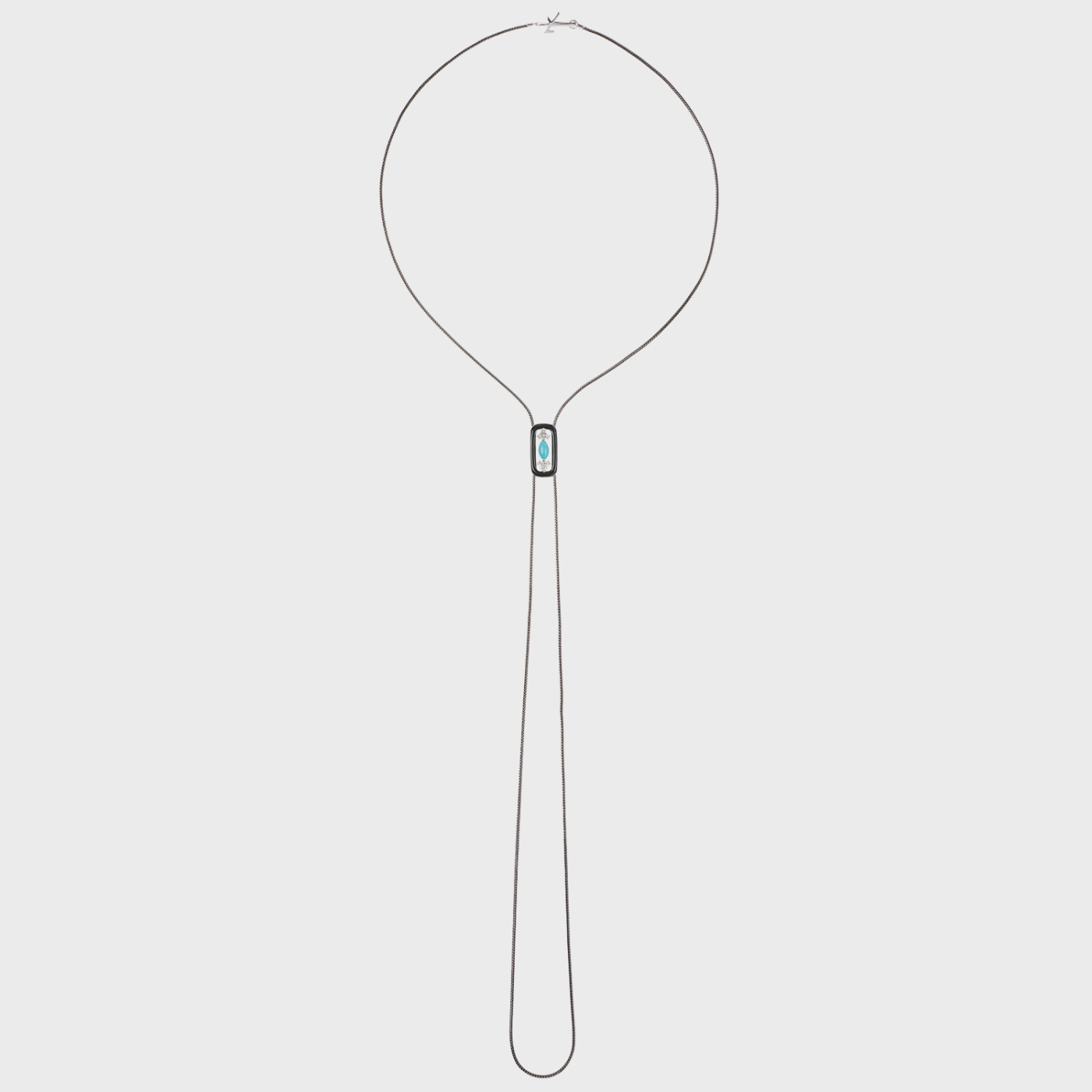 White gold long lariat necklace with turquoise, white diamonds and black enamel