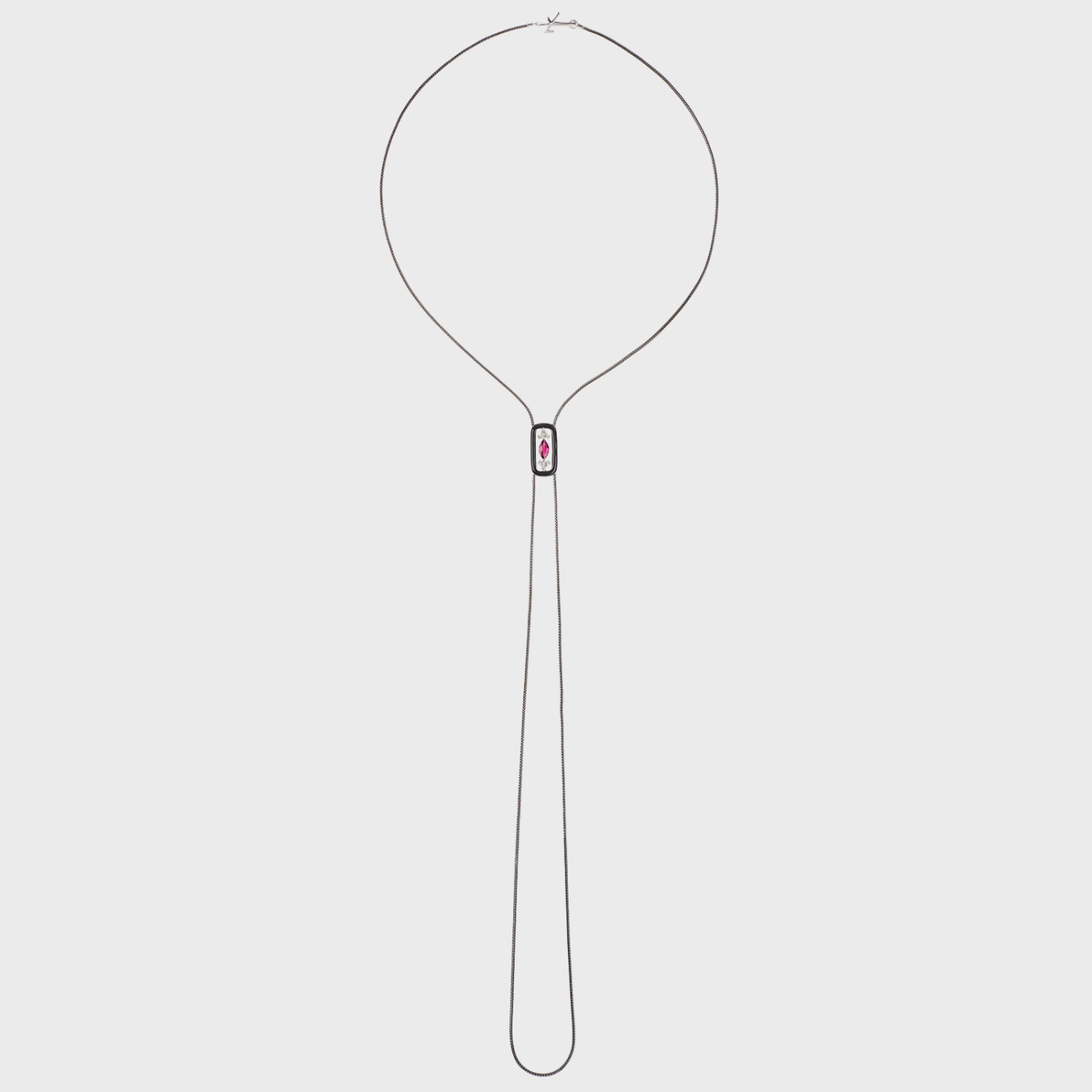 White gold long lariat necklace with ruby, white diamonds and black enamel