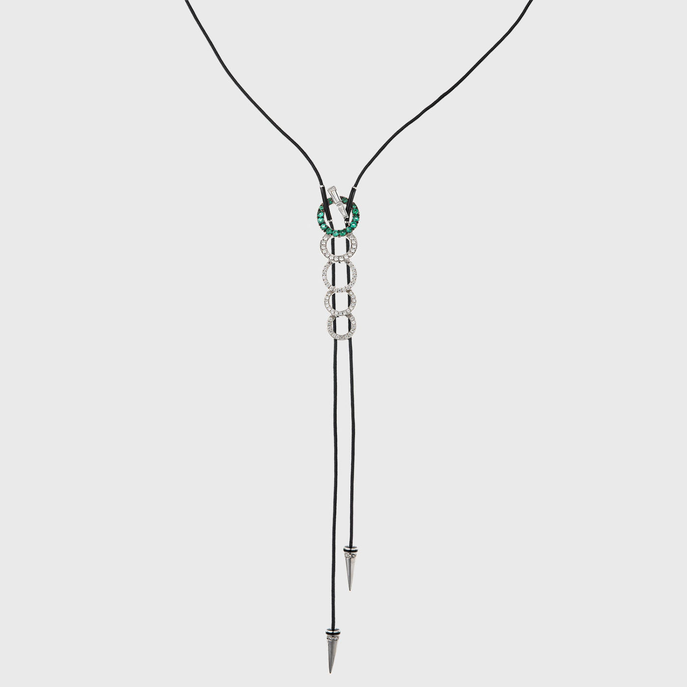 White gold long lariat necklace with white diamonds, emeralds and black enamel