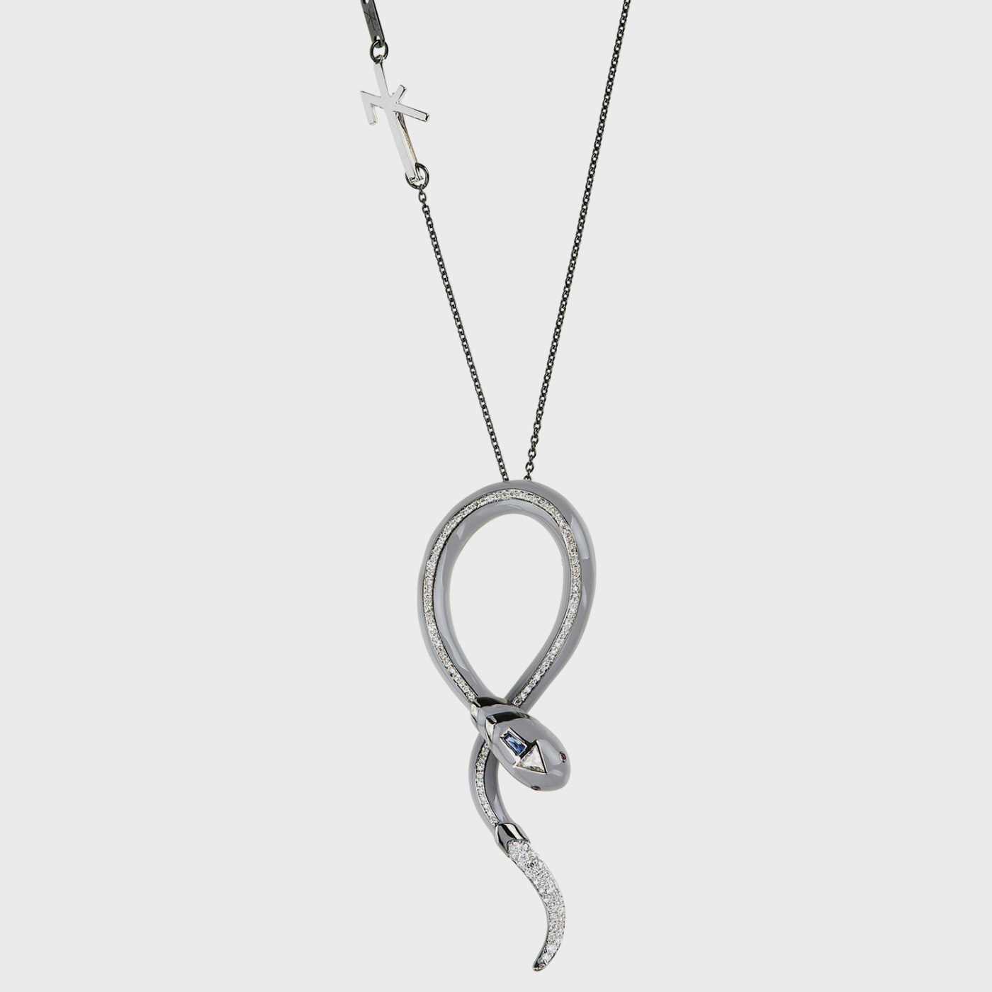 White gold snake pendant necklace with white diamonds blue sapphires, ruby and grey enamel