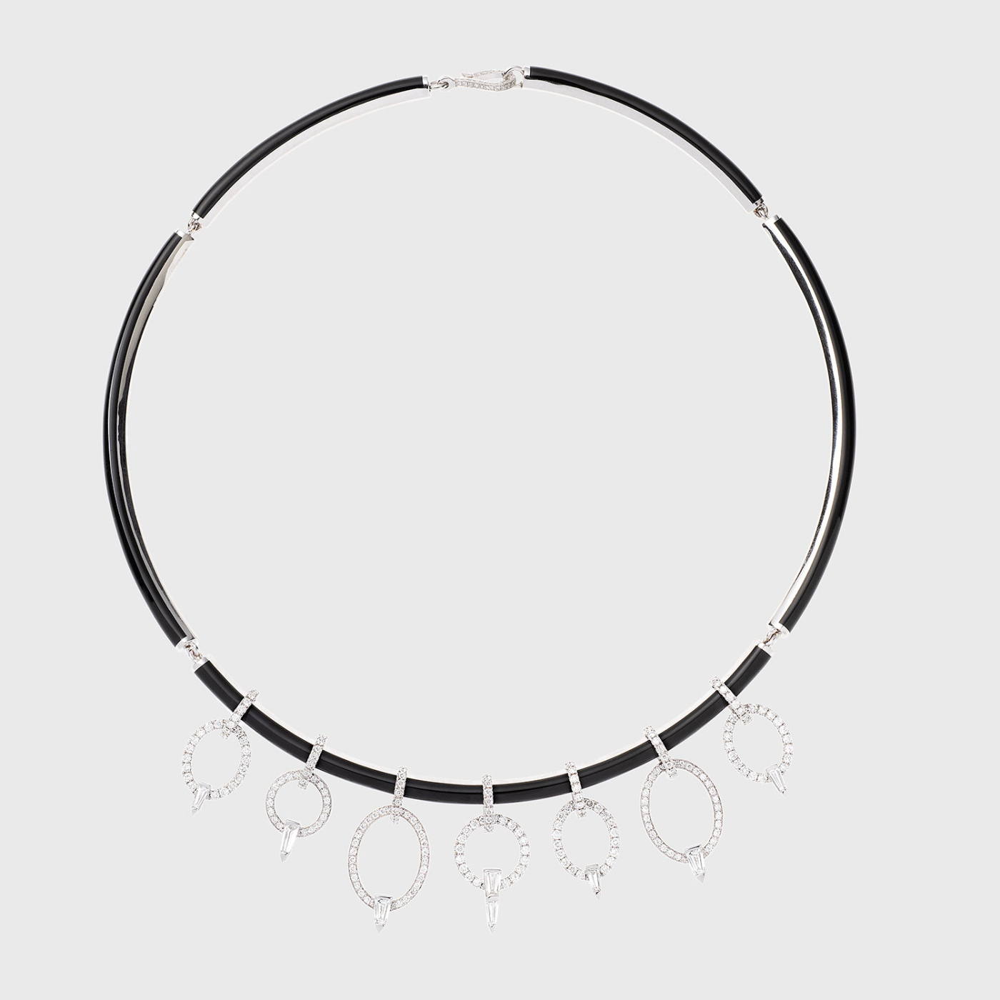 White gold necklace with white diamonds and black enamel
