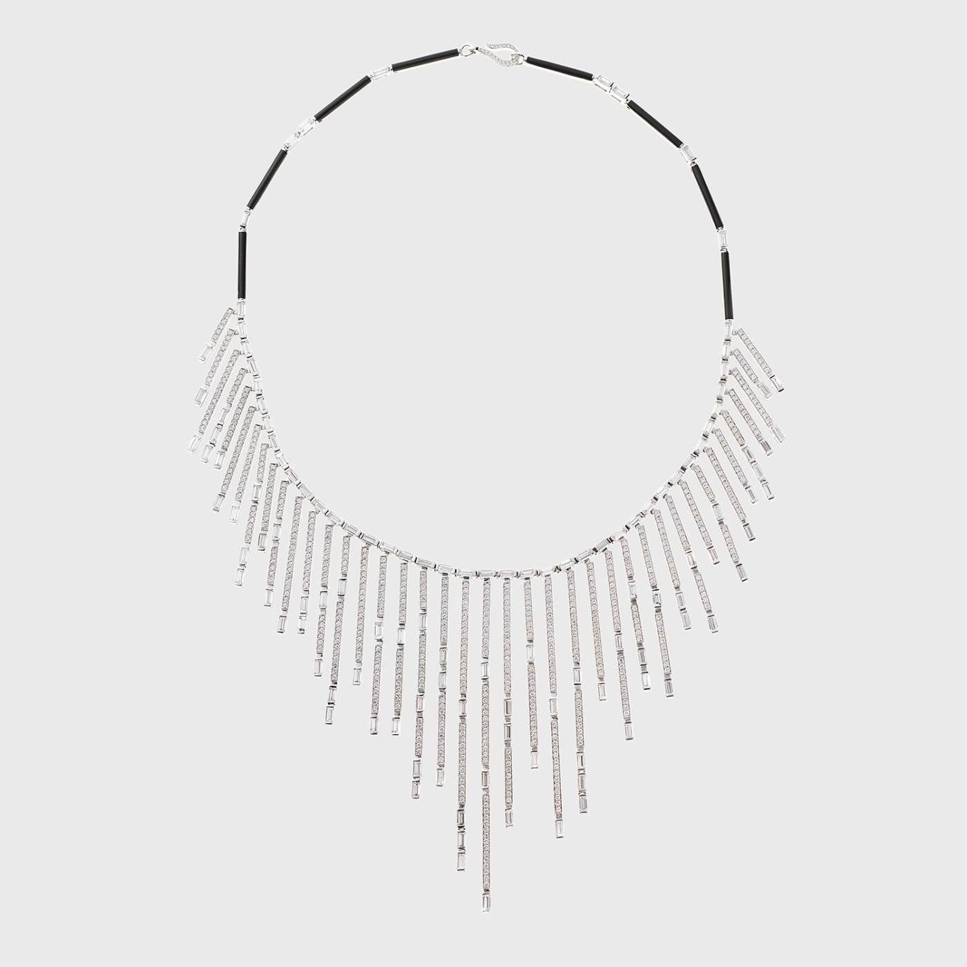 White gold fringe necklace with baguette and paved white diamonds and black enamel