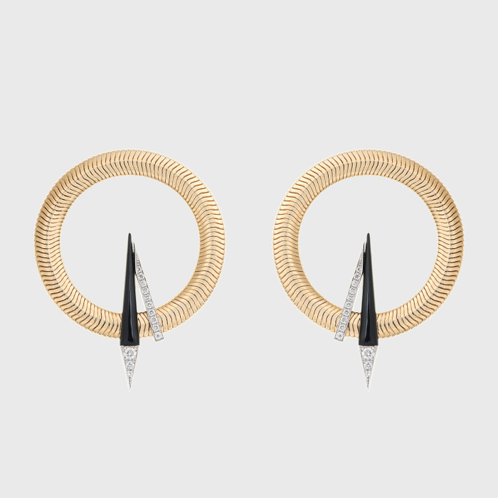 Yellow gold chain hoop earrings with white diamonds and black enamel