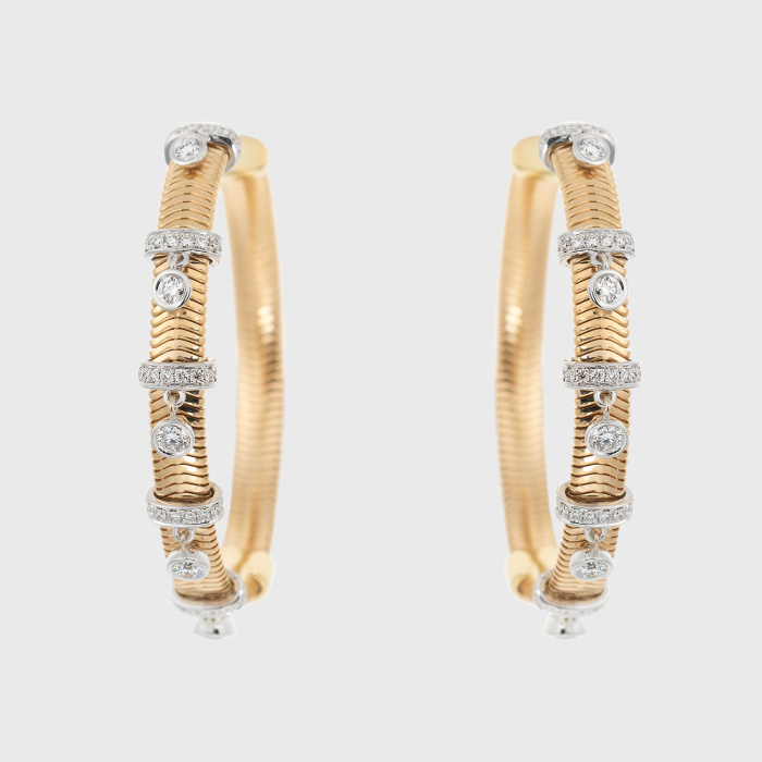 Yellow gold chain medium hoop earrings with round white diamonds