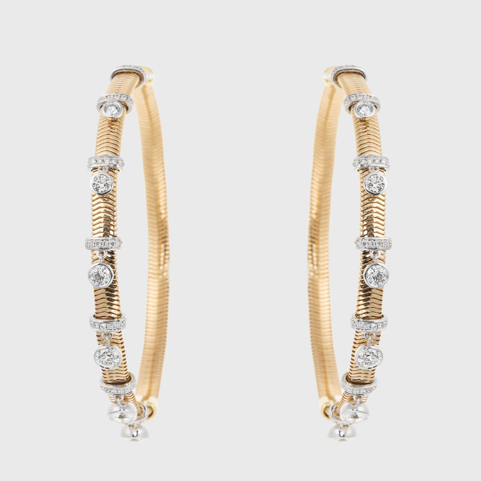 Yellow gold chain large hoop earrings with round white diamonds