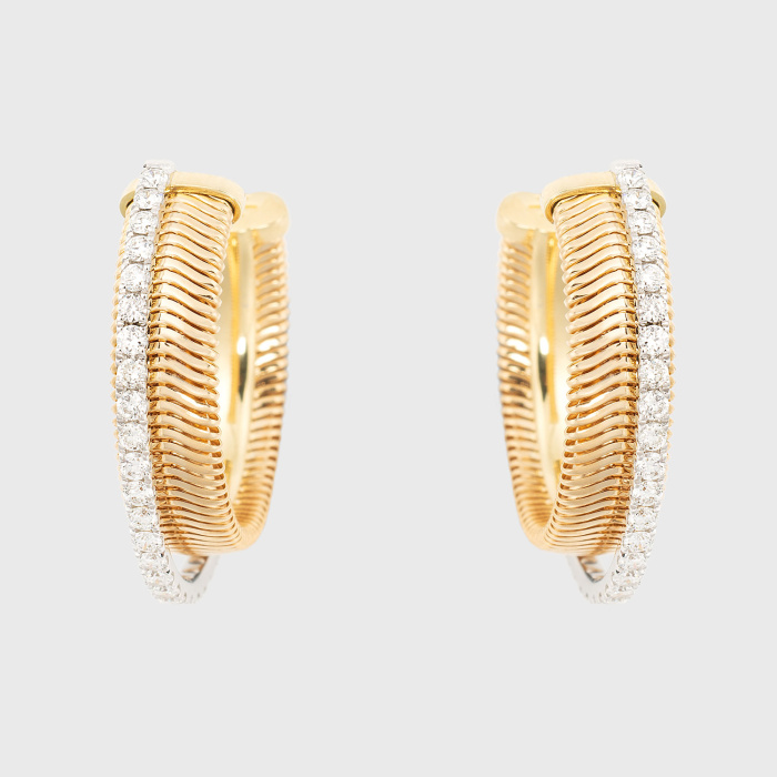 Yellow gold chain small hoop earrings with round white diamonds