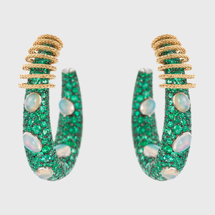 Yellow gold small hoop earrings with emeralds and opals