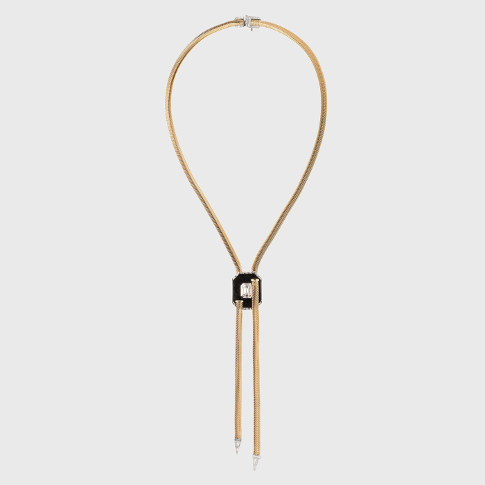 Yellow gold chain lariat necklace with white diamond baguettes and gray obsidian