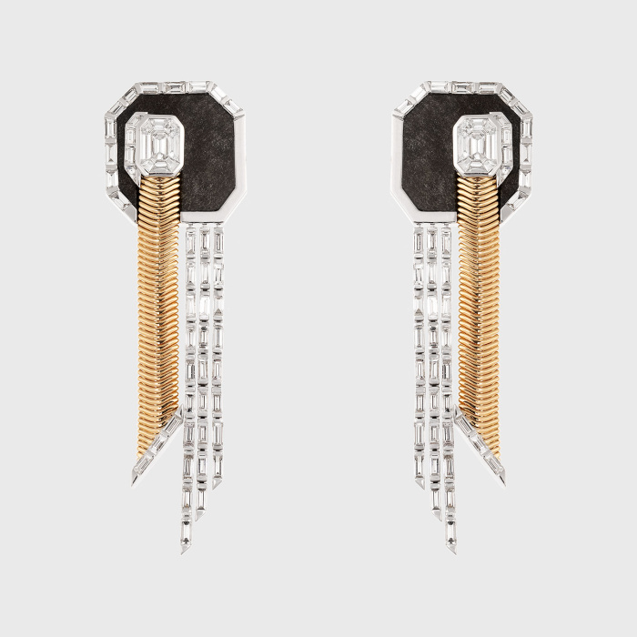 Yellow gold chain fringe earrings with white diamond baguettes and gray obsidian