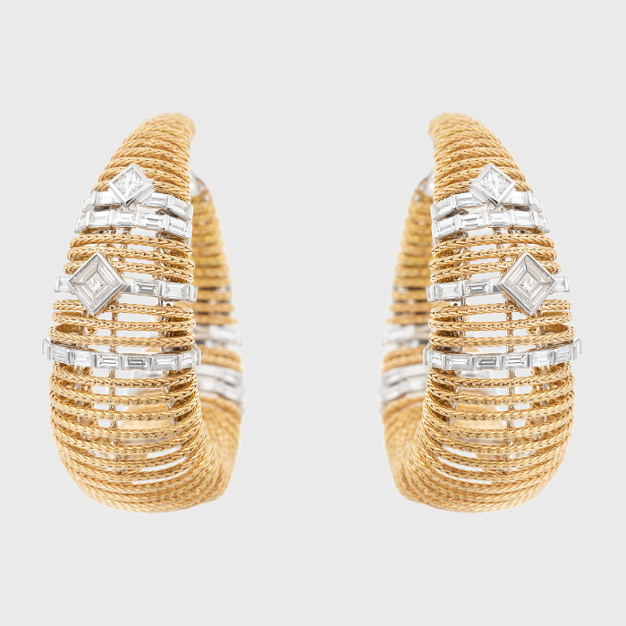 Yellow gold bombé earrings with white diamond baguettes