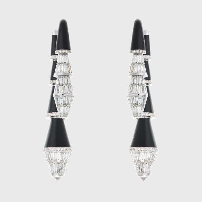 White gold jacket earrings with white diamond baguettes and black enamel