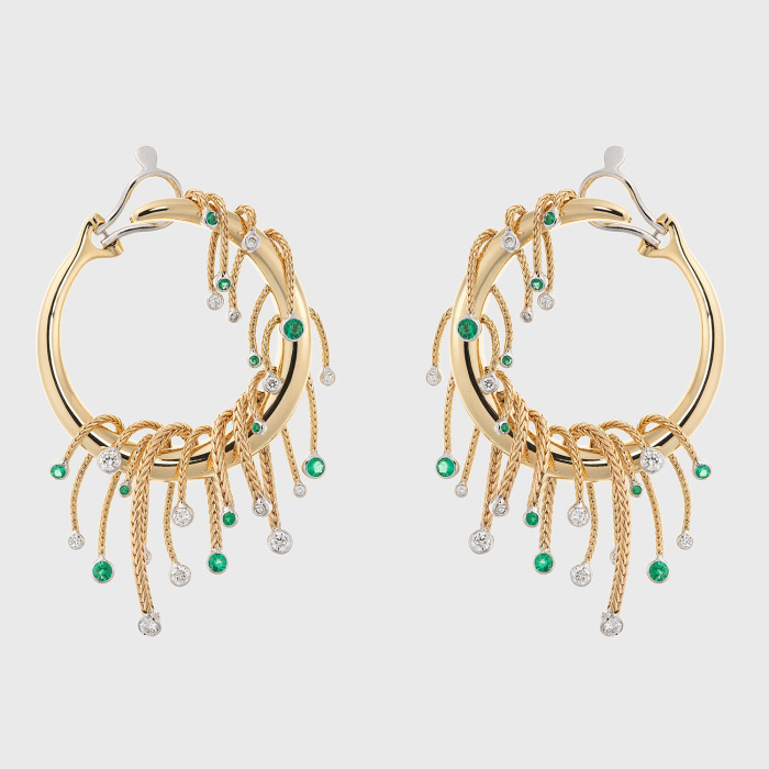 Yellow gold earrings with white diamonds and emeralds