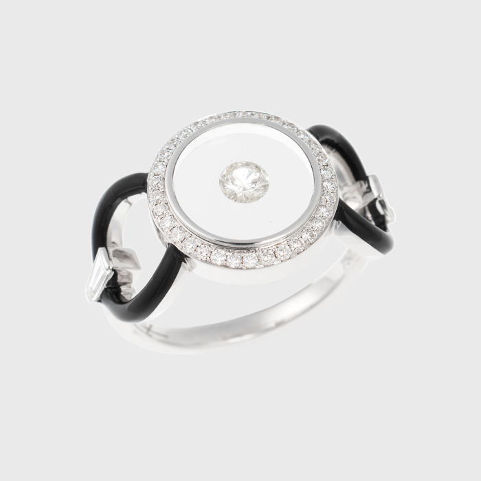 White gold ring with white diamonds, translucent and black enamel