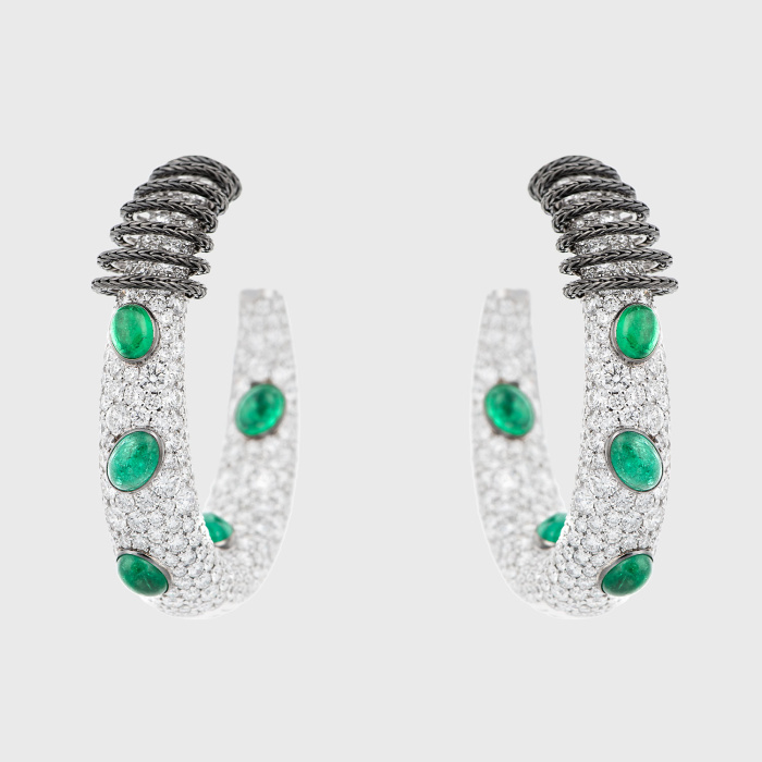 Blackened white gold small hoop earrings with emeralds and white diamonds