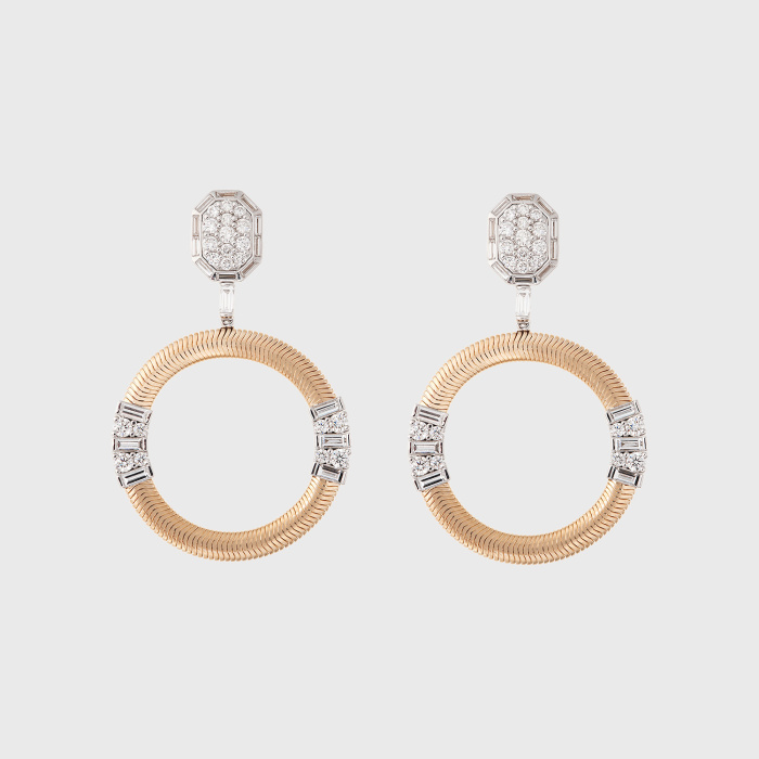 Yellow gold chain hoop earrings with white diamonds
