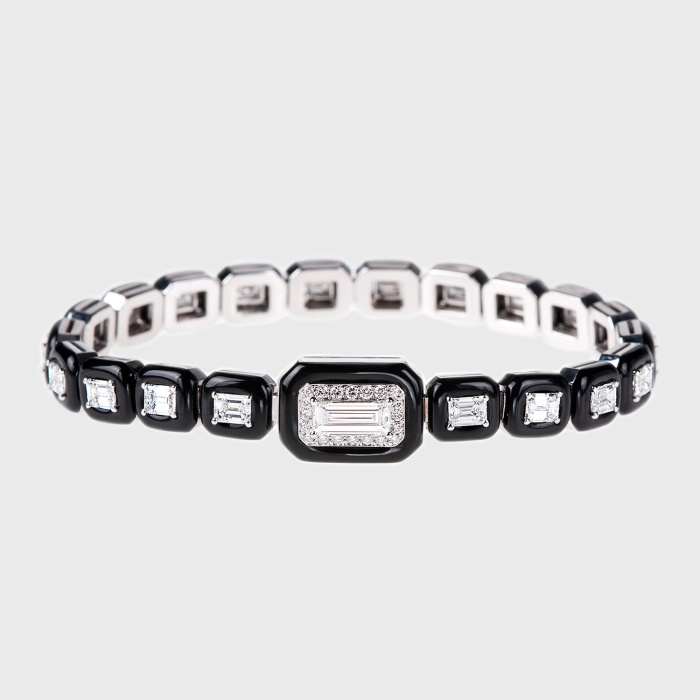White gold tennis bracelet with white diamonds and black enamel