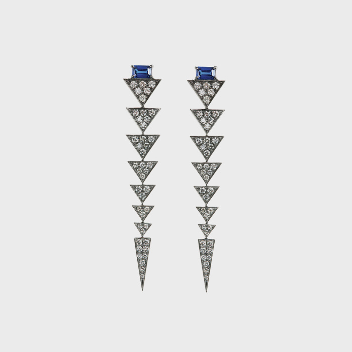 Black gold long earrings with white diamonds and sapphires