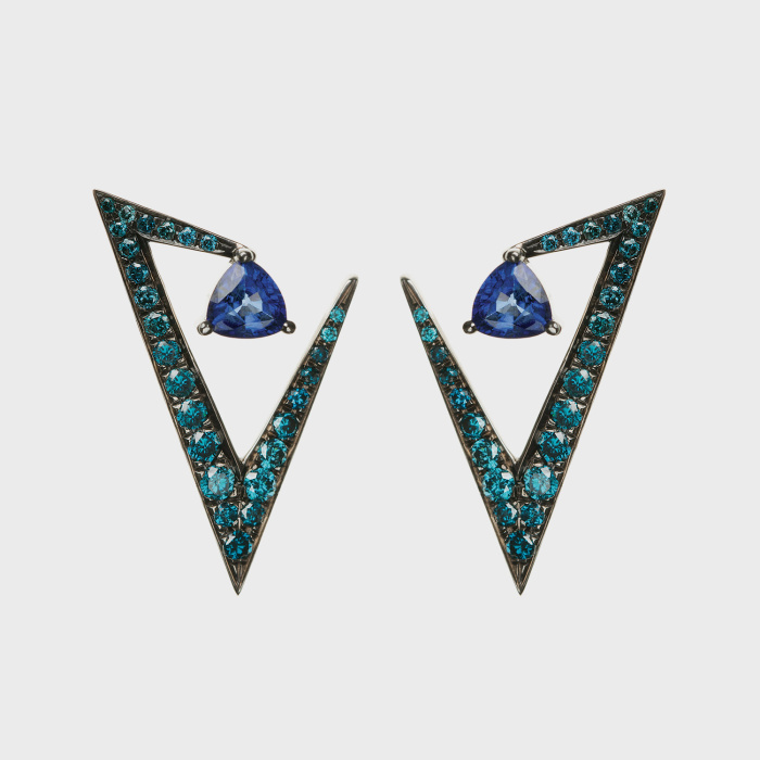 Black gold earrings with blue diamonds and blue sapphires