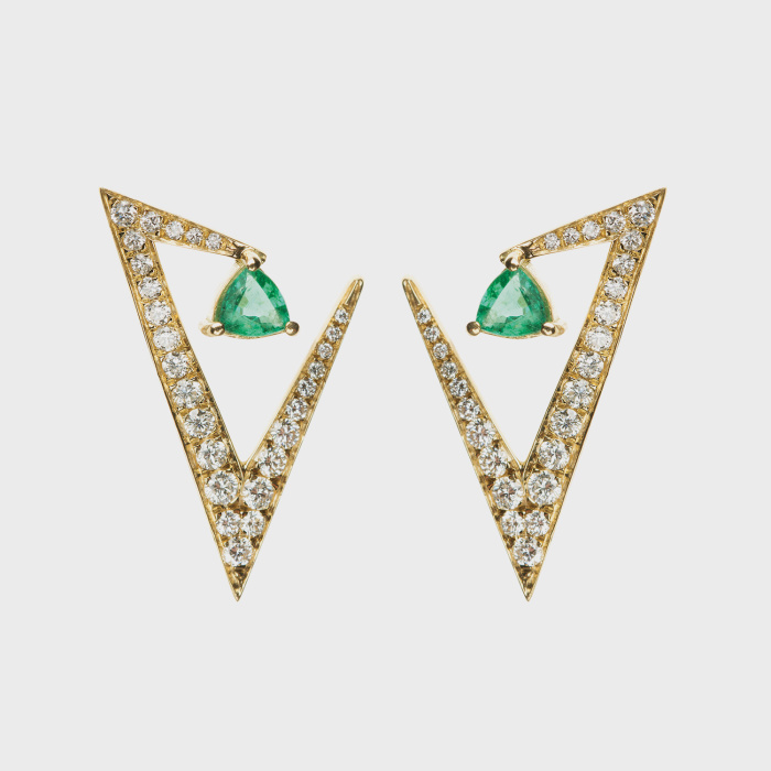 Yellow gold earrings with white diamonds and emeralds