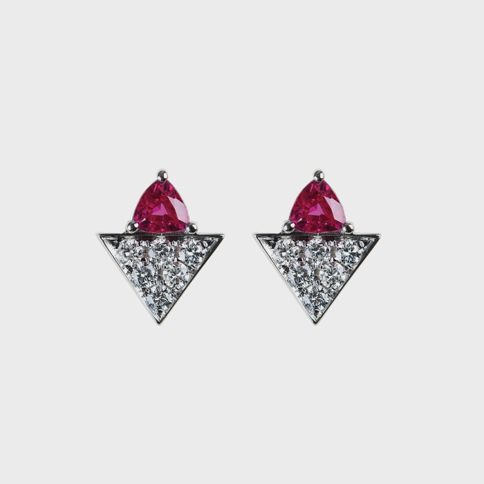 White gold stud earrings with white diamonds and rubies